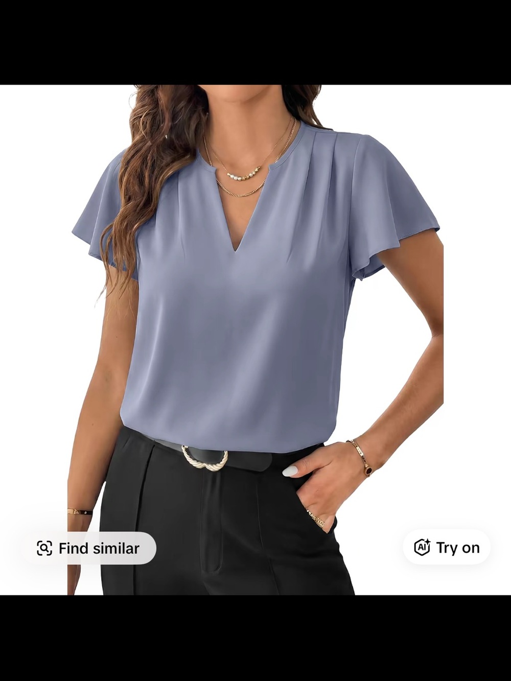 EVALESS Medium Beau Blue Women's V Neck- Ruffle Short Sleeve Blouses 2026